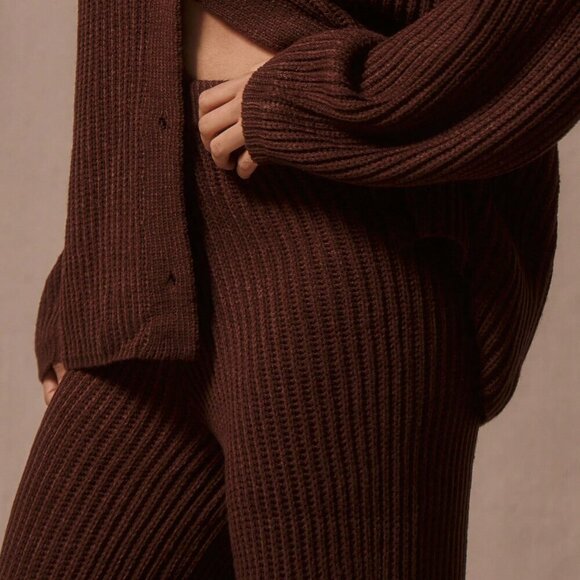 Chocolate Brown Casual Women's Wide Leg Chunky Knit Sweater Trousers - Picture 5 of 5